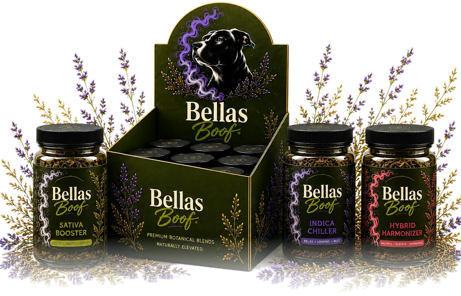 Bellas Boof display box and jars with lavender botanicals